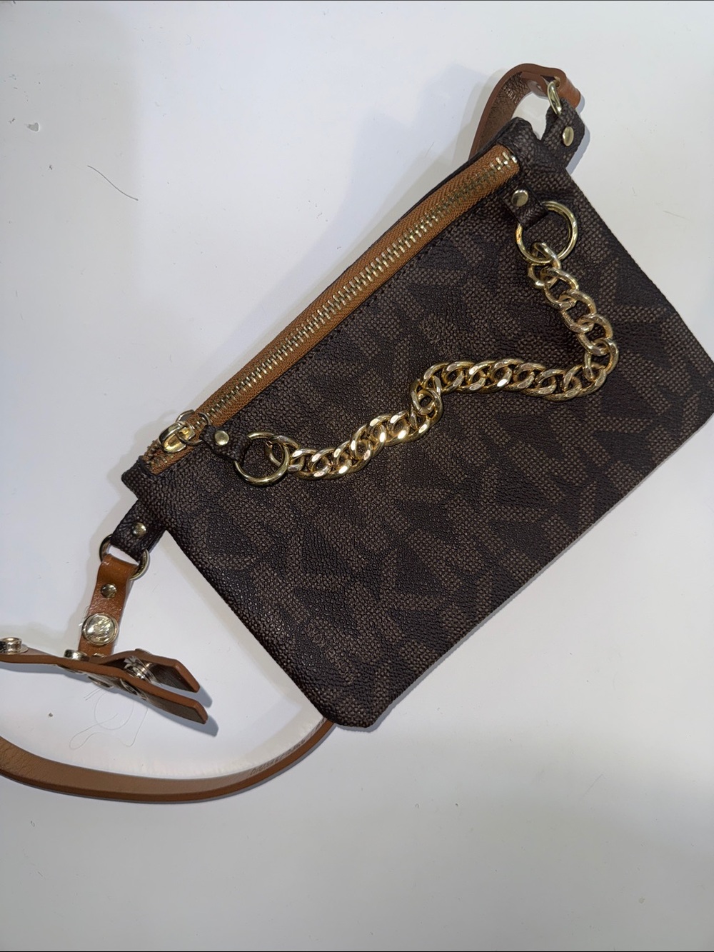 MICHAEL Michael Kors Dark Brown Signature Belt Bag with Gold Chain